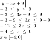 \boxed{y=3x+9} \\ -3\ \leq \ y\ \leq \ 9 \\ -3\ \leq \ 3x+9\ \leq \ 9 \\ -3-9\ \leq \ 3x\ \leq \ 9-9 \\ -12\ \leq \ 3x\ \leq \ 0 \\ -4\ \leq \ x\ \leq \ 0 \\ x \in[-4;0]