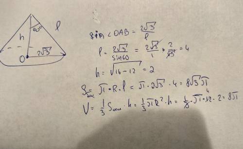Радиус основания конуса равен 2√3см , а угол между образующей и осью равен 60°. найдите площадь боко
