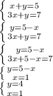 \left \{ {{x + y = 5} \atop {3x + y = 7}} \right. \\ &#10; \left \{ {{y = 5 - x} \atop {3x + y = 7}} \right. \\ &#10; \left \{ {{y = 5 - x} \atop {3x + 5 - x = 7}} \right. \\ &#10; \left \{ {{y = 5 - x} \atop {x = 1}} \right. \\ &#10; \left \{ {{y = 4} \atop {x = 1}} \right.