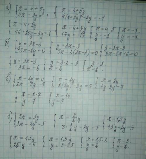 Решите систему уравнений подстановки: а) {х = 4+5у, {4х-3у = -1; б) {у = 3х - 3, {3х - 2у = 0; в) {х