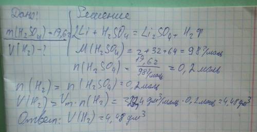 Какой объем водорода выделиться при взаимодействии литияс серной кислотой массой 19.6 г