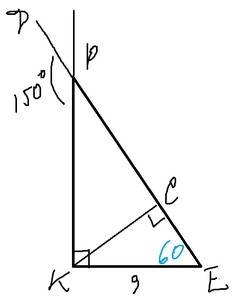 Впрямоугольном треугольнике pke(k=90 градусов), где внешний угол kpd =150 градусов, ke=9см, проведен