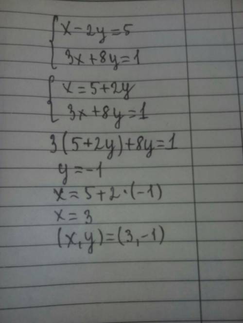 Найдите решение системы уравнений 1) x-2y=5 3x+8y=1