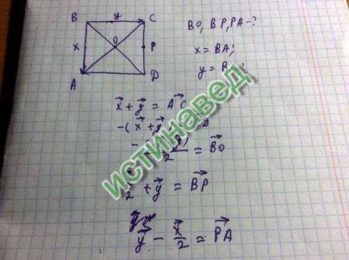 Дано: abcd-квадрат вектор ab=a(вектор) ac=b найти: bo.bp.pa