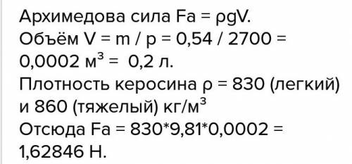 Кусок алюминия массой 540 г опущен в керосин каков объём вытесненного им керосина и какая архимедова