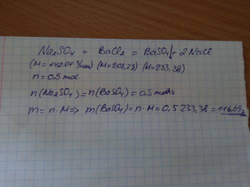 Натрій сульфат кількістю речовини 0, 5 моль прореагував з барій хлоридом. яка маса солі випала в оса
