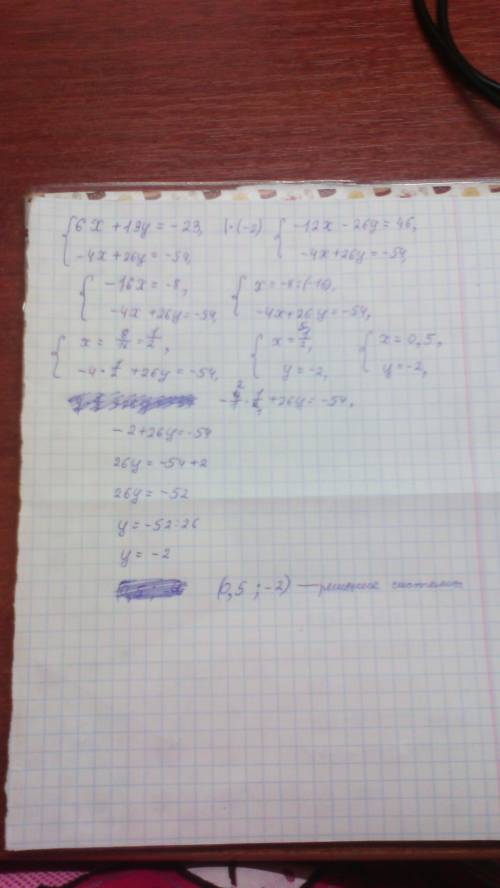 Решите систему уравнений 6x+13y=-23 -4x+26y=-54