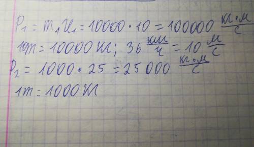 Найти импульс грузового автомобиля массой 10т,движущегося со скоростью 36км/ч,и легкого автомобиля м