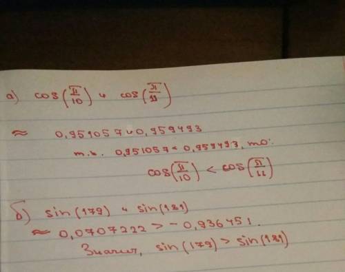 Сравнить а) cos п/10 и cos п/11 б) sin179 и sin181