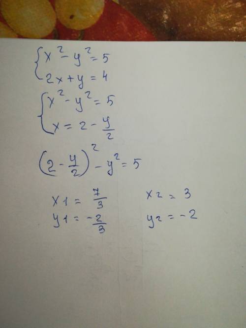 Решите систему уравнений х^2-у^2=5 2х+у=4