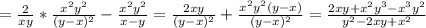 =\frac{2}{xy}*\frac{x^2y^2}{(y-x)^2}- \frac{x^2y^2}{x-y}= \frac{2xy}{(y-x)^2}+ \frac{x^2y^2(y-x)}{(y-x)^2} = \frac{2xy+x^2y^3-x^3y^2}{y^2-2xy+x^2}