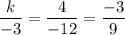 \displaystyle \frac{k}{-3} = \frac{4}{-12} = \frac{-3}{9}