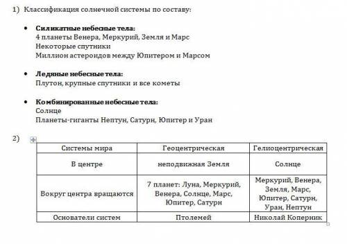 1)как объекты солнечной системы классифицируются по составу? 2)заполните таблицу системы мира: 1.в ц