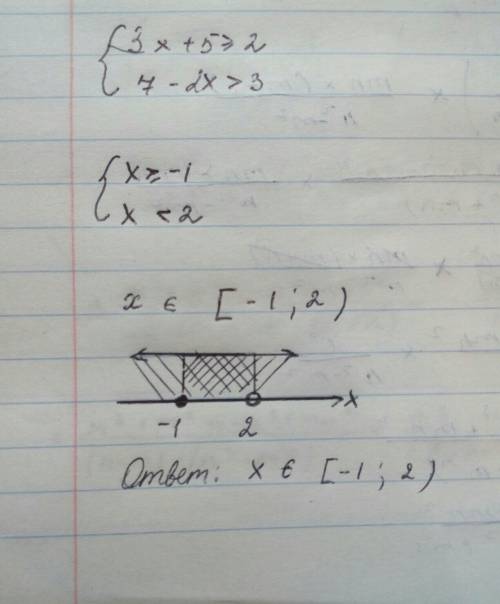 {3х+5≥2 (общая скобка) {7-2х> 3 решить систему уравнений!