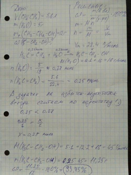 При взаимодействии 5.6л этилена и 5г воды образовалось 12 г раствора этилового спирта. вычислите мас