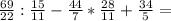 \frac{69}{22}:\frac{15}{11}-\frac{44}{7}*\frac{28}{11} +\frac{34}{5} =