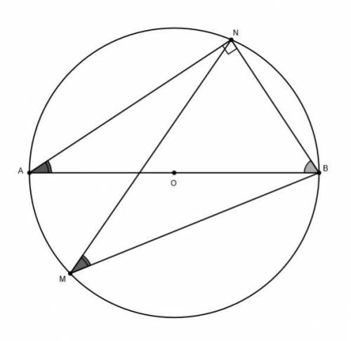 На окружности по разные стороны от диаметра ab взяты точки m и n. известно что nba 71 найдите nmb