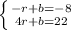 \left \{ {{-r+b=-8} \atop {4r+b=22}} \right.