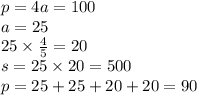 p = 4a = 100 \\ a = 25 \\ 25 \times \frac{4}{5} = 20\\ s = 25 \times 20 = 500 \\ p = 25 + 25 + 20 + 20 = 90