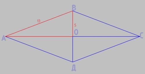 Сторона ромба равна 13 см, а длина меньшей диагонали 10 см. найдите большую диагональ ромба и его пл