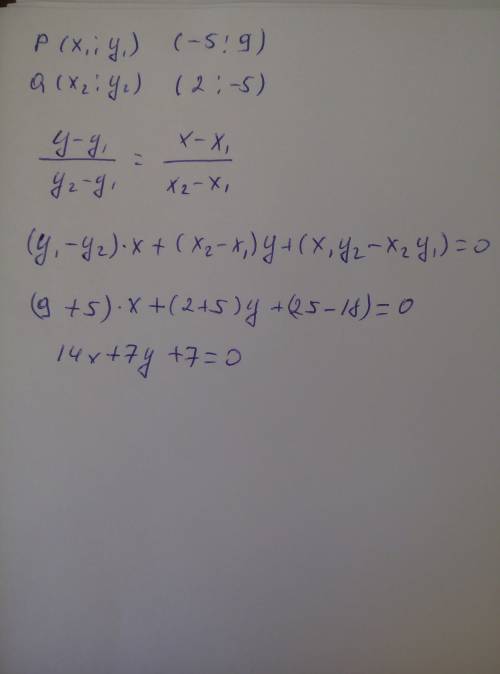 Составьте уравнение прямой проходящей через точки p(-5,9) и q(2,-5)