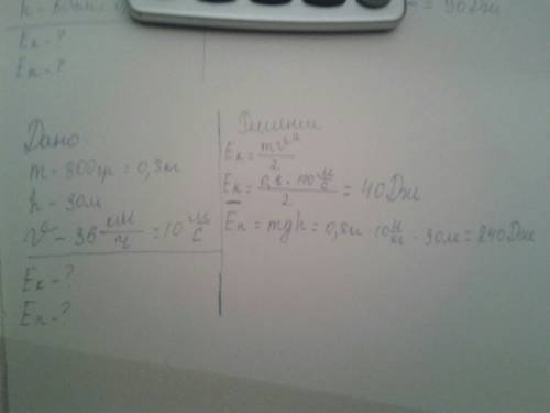 Птица массой 800г летит на высоте 30м со скоростью 36км/ч .определить полную энергию птицы