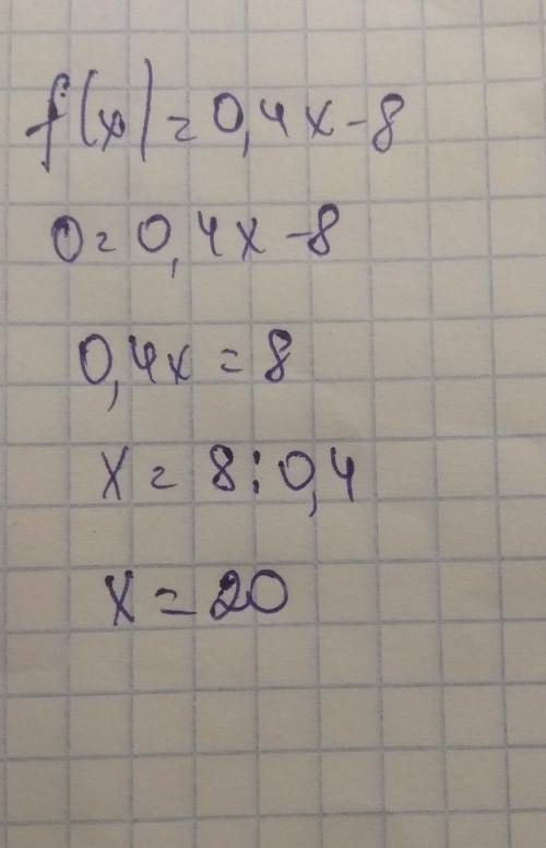 Знайдіть нулі функцій : f(x)=0,4x-8​