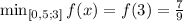 \min_{[0,5; 3]} f(x) = f(3) = \frac{7}{9}