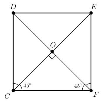Диагонали квадрата cdef пересекаются в точке о. чему равен угол cof?