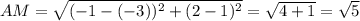 AM= \sqrt{(-1-(-3))^2+(2-1)^2}= \sqrt{4+1}= \sqrt{5}