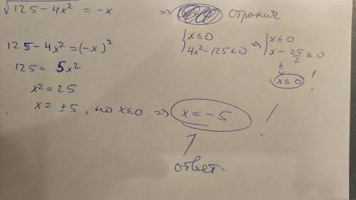 Указать промежуток, которому принадлежит корень уравнения √125-4х^2= -x