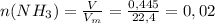 n( NH_{3}) = \frac{V}{ V_{m} } = \frac{0,445}{22,4} = 0,02