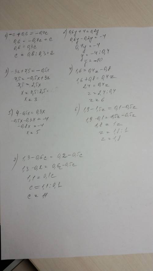 Решите уравнения: 1) -с+0,6=-0,7с 2) 0,6у+4=0,2у 3) -3х+7,5=-0,5х 4) 1,6=0,4z-0,8 5) 4-0,5х=0,3х 6)