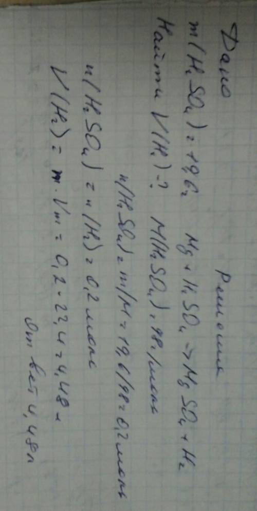 Який об'єм водню утворюється внаслідок реакції сульфатної кислоти масою 19.6г з достатньою кількістю