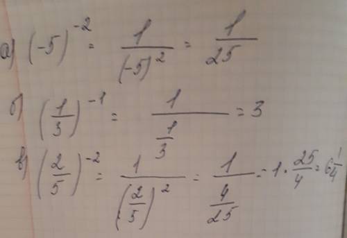 Вычислите: а) (-5) в -2 степени б)(1/3) в -1 степени в)(2/5) в -2 степени с объяснением
