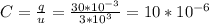 C=\frac{q}{u}=\frac{30*10^{-3}}{3*10^3}=10*10^{-6}