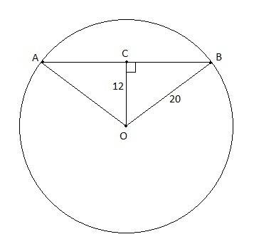 Вокружности радиус которой равен 20см, проведена хорда на расстоянии 12 см от центра окружности. чем