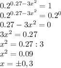 0.2^{0.27-3x^2}=1\\&#10;0.2^{0.27-3x^2}=0.2^0\\&#10;0.27-3x^2=0\\&#10;3x^2=0.27\\&#10;x^2=0.27:3\\&#10;x^2=0.09\\&#10;x=б0,3