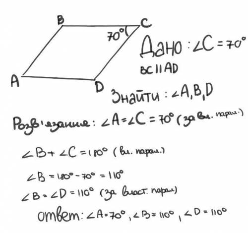 Впараллелограмме abcd угол с равен 70°. найдитеградусные меры углов a, b и d.​