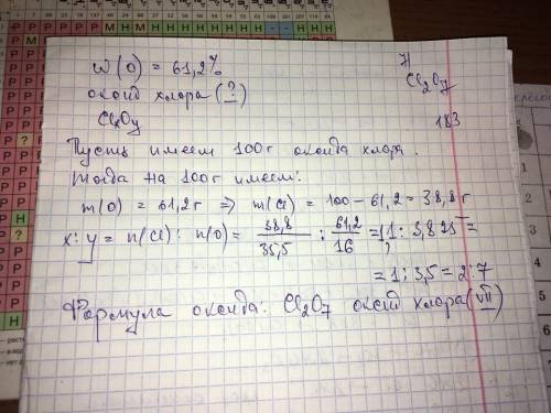 Внекотором оксиде хлора массовая доля атомов кислорода составляет 61.2%.установите формулу оксида.