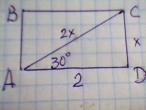 Сторона прямокутника дорівнює2 смс і утворює з діагоналлю кут 30. знайдіть невудому сторону прямокут