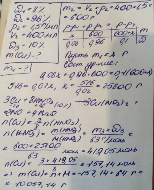 Какую массу азотной кислоты с w =8%,следует прилить к 400см³ азотной кислоты с w=96%,p=1,50г/см³,что