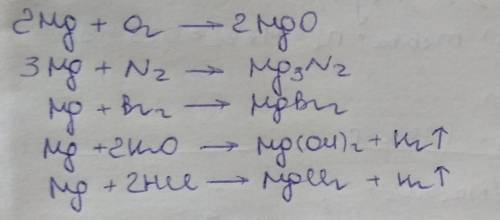 Составить уравнения взаимодействия магния с кислородом, азотом, бромом, водой и хлороводородной кисл