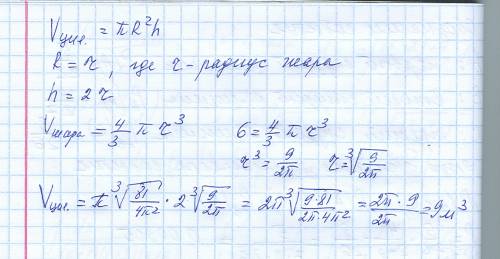 Шар объемом 6м^3 вписан в цилиндр. найдите объем цилиндра