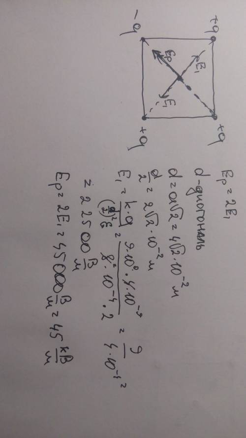Втрех вершинах квадрата со стороной 4 см находятся одинаковые положительные заряды величиной 4 нкл к