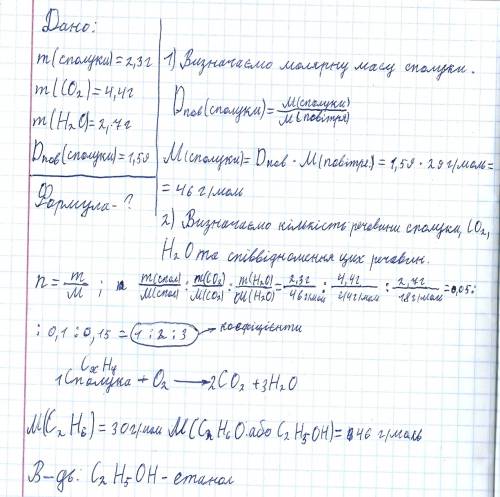 При спалюванні речовини, масою 2,3г,утворилося 4,4г вуглекислого газу та 2,7г води. знайдіть формулу