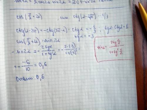 Cos ( pi/2 + 2a), если ctg (a-2pi) = -1/3