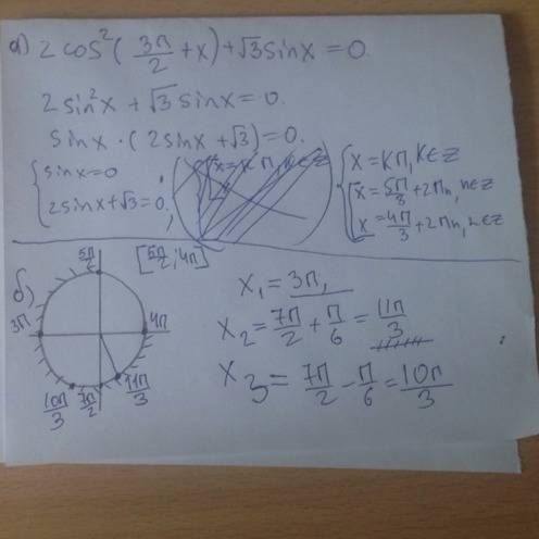 А) решите уравнение 2cos^2(3pi/2+x)+√3sinx=0 б) найдите все корни этого уравнения придлежащему отрез