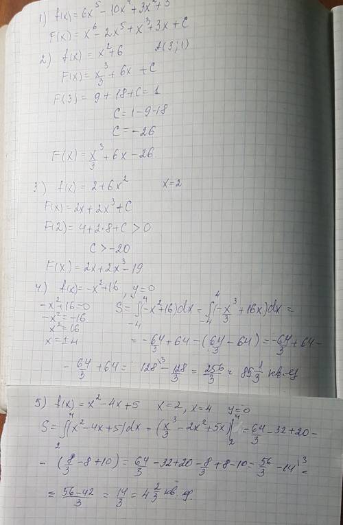 1) найти общий вид первообразных функции f(x)=6x^5-10x^4+3x^2-x+3 2) найти первообразную функции f(x