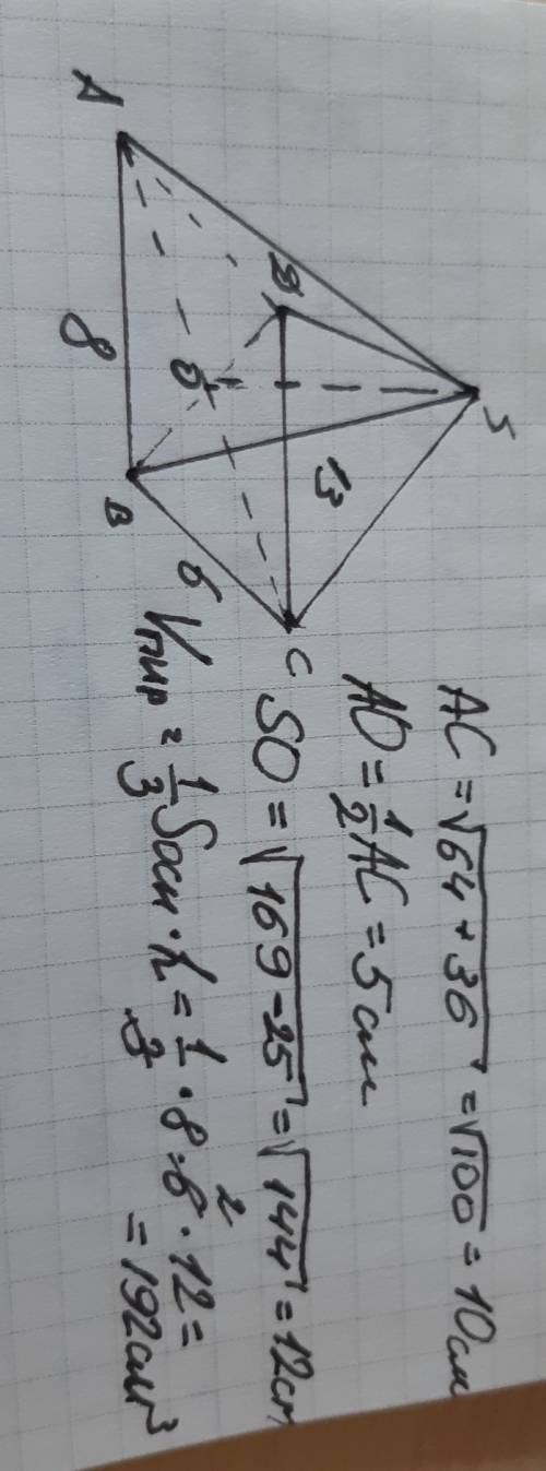 Решите . основанием пирамиды служит прямоугольник, длины сторон которого 8 и 6 см, а боковые ребра р